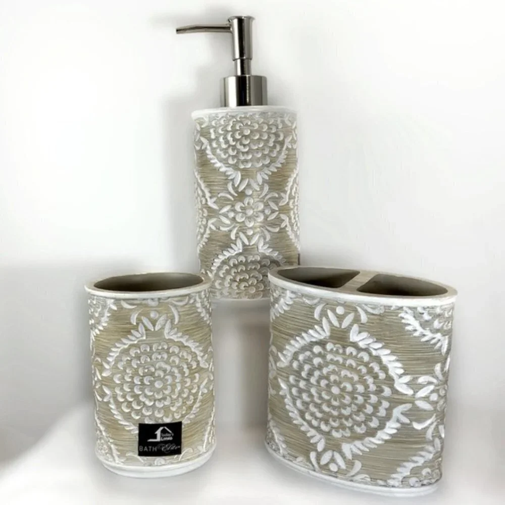 Elite Khaki 3 Piece Bathroom Vanity Accessory Set Tan/Beige White